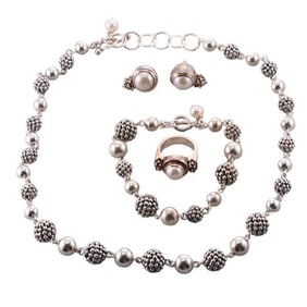 Michael Dawkins Silver Pearl Necklace Bracelet Ring Earrings Set