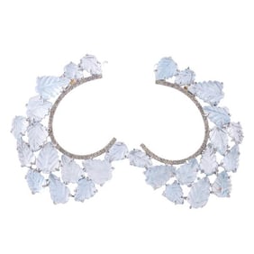 14k Gold Silver Carved Aquamarine Diamond Leaf Motif Earrings