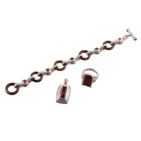 Judith Ripka Silver Tiger's Eye Quartz Ring Pendant Toggle Bracelet Lot