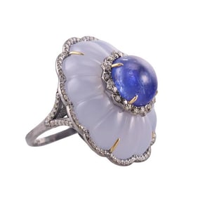 Silver Diamond Tanzanite Carved Chalcedony Cocktail Ring