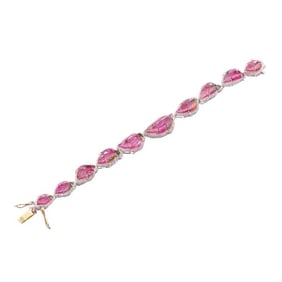 14k Gold Silver Diamond Leaf Motif Carved Tourmaline Bracelet