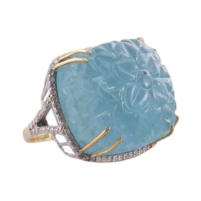 14k Gold Silver Carved Aquamarine Diamond Dome Ring