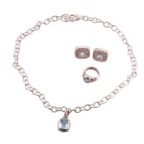 Judith Ripka Silver Quartz Pendant Necklace Ring Earrings Lot