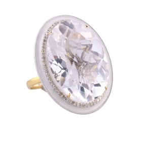 14k Gold Silver Diamond Enamel Oval Rock Crystal Ring