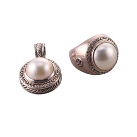 David Yurman Silver Diamond Mabe Pearl Pendant Ring Set