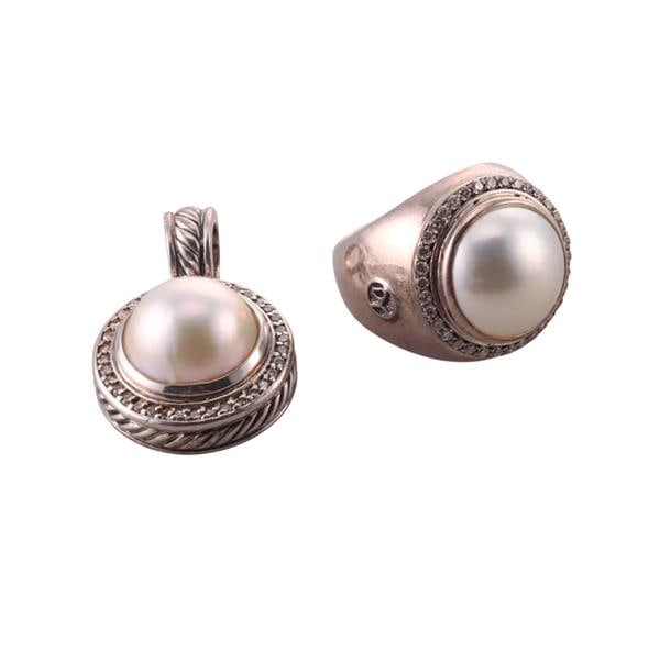 David Yurman Silver Diamond Mabe Pearl Pendant Ring Set (1 of 5)