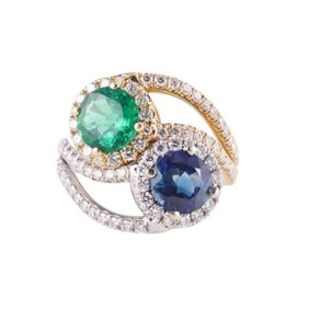 18k Two Tone Gold Diamond Emerald Sapphire Bypass Ring