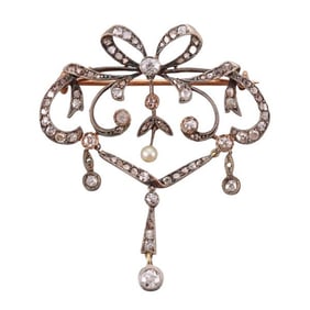 Antique 18k Gold Silver Diamond Pearl Brooch Pin