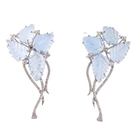 14k Gold Silver Carved Aquamarine Diamond Leaf Motif Earrings