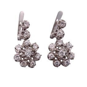 18k Gold Platinum Diamond Cluster Drop Earrings