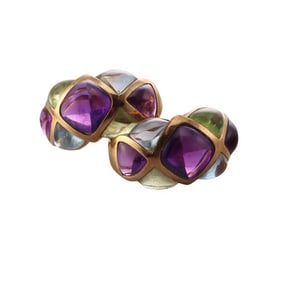 18k Gold Multi Gemstone Half Hoop Earrings