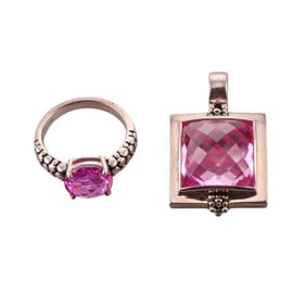 Michael Dawkins Silver Pink Quartz Pendant Ring Lot