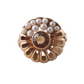 Retro 18k Gold Citrine Pearl Ring