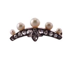 Antique 18k Gold Silver Rose Cut Diamond Pearl Brooch Pin