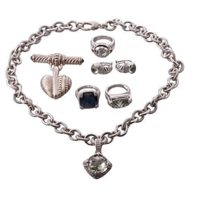Judith Ripka Silver Quartz Pendant Brooch Necklace Ring Earrings Lot