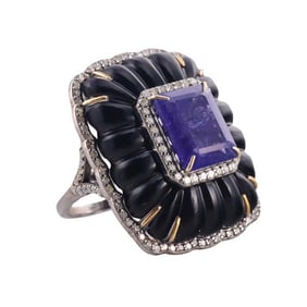 Silver Carved Onyx Tanzanite Diamond Ring