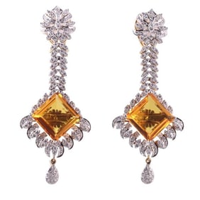 18k Gold Diamond Citrine Long Drop Earrings