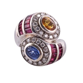 18k Gold Diamond Sapphire Ruby Bypass Ring