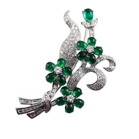 14k Gold Diamond Emerald Flower Brooch Pin