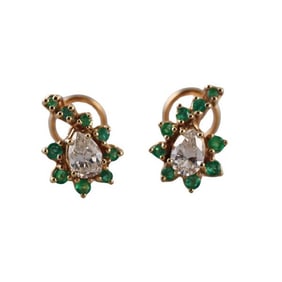 18k Gold Diamond Emerald Earrings