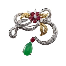 18k Gold Diamond Ruby Jade Cocktail Flower Brooch Pin