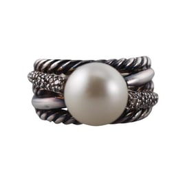 David Yurman Silver Diamond Pearl Crossover Band Ring