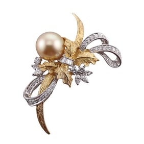 18k Gold Diamond South Sea Pearl Brooch Pin