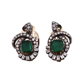 14k Gold Silver Diamond Emerald Clip on Earrings