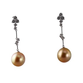 18k Gold Diamond South Sea Pearl Drop Earrings