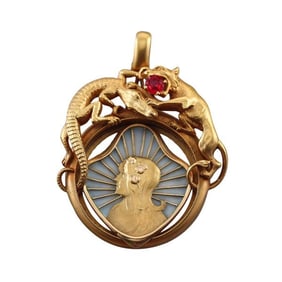 Art Nouveau 18k Gold Plique A Jour Ruby Pendant