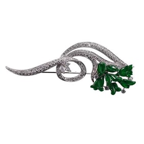 18k Gold Diamond Jade Flower Brooch Pin