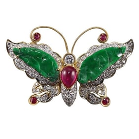 18k Gold Diamond Ruby Carved Jade Butterfly Brooch Pin