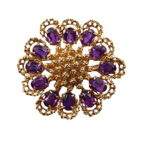 1960s 18k Gold Amethyst Flower Brooch Pin