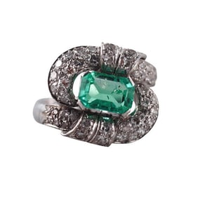 Midcentury 14k Gold Diamond Emerald Ring