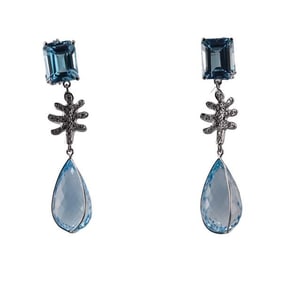 18k Gold Blue Topaz Diamond Drop Earrings