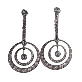 Platinum Gold Old Mine Cut Diamond Circle Drop Earrings