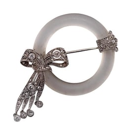 Art Deco Platinum Diamond Frosted Crystal Bow Brooch Pin