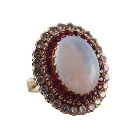 18k Gold Opal Diamond Ruby Ring