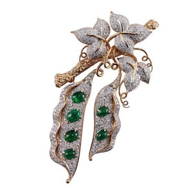 18k Gold Diamond Emerald Cabochon Peapod Brooch Pin