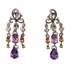 18k Gold Diamond Prasiolite Topaz Amethyst Citrine Earrings