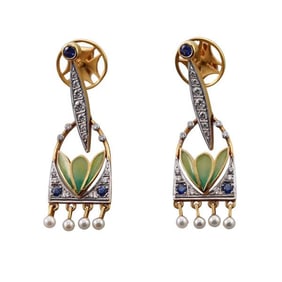Masriera 18k Gold Plique a Jour Diamond Pearl Earrings