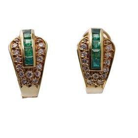 18k Gold Diamond Emerald Half Hoop Earrings
