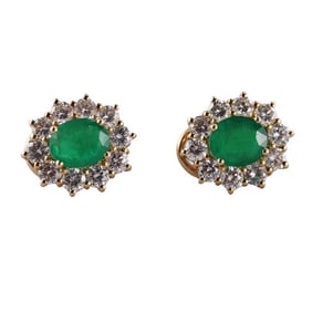 18k Gold Diamond Emerald Cluster Earrings