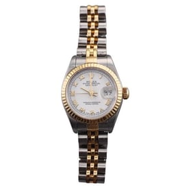 Rolex Datejust 18k Gold Steel White Roman Dial Lady's Watch 79173