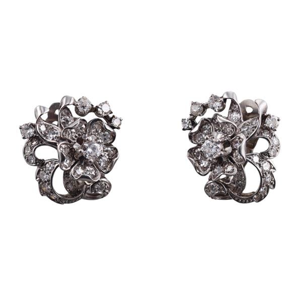 Mid Century Platinum Diamond Flower Earrings (1 of 3)