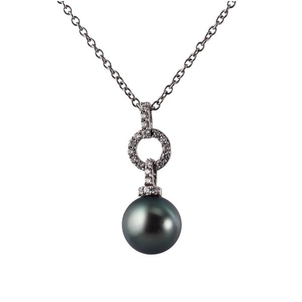 14k Gold Tahitian Pearl Diamond Pendant Necklace: METAL: 14k Gold. MEASUREMENTS: Necklace is 16" long, pendant is 28mm long. GEMSTONES: Pearl 10.8mm, Diamonds approx. 0.20ctw. MARKED: FS 14k. WEIGHT: 5 grams.Gemstones have not been graded for co
