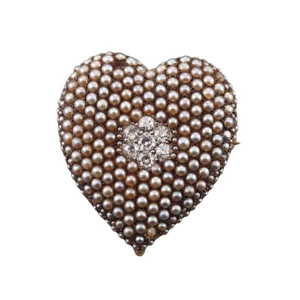 Antique Victorian 14k Gold Seed Pearl Diamond Heart Pendant Brooch (1 of 3)