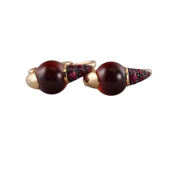 Pomellato M'ama Non M'ama 18k Rose Gold Citrine Pink Sapphire Earrings: METAL: 18k Gold. MEASUREMENTS: Earrings are 14mm x 7mm. GEMSTONES: Pink sapphire, Citrine. MARKED: Pomellato, 750. WEIGHT: 4.5 grams.Gemstones have not been graded for color and clarity, and tested fo
