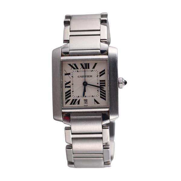 Cartier Tank Francaise Automatic Steel Watch W51002Q3: METAL: Stainless Steel. MEASUREMENTS: Case 28mm x 31mm, bracelet will fit approx. 7" wrist. Comes with papers and box. Circa 1997. MOVEMENT: Automatic, working order. Ref. W51002Q3.Watches are gu