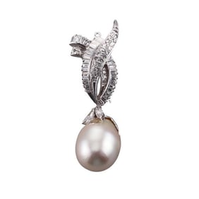 14k Gold Diamond Baroque Pearl Brooch Pendant